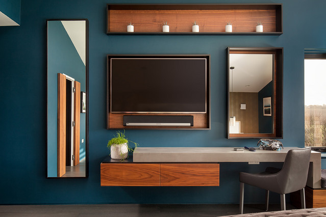 Contemporary bedroom walnut grey blue Contemporary Bedroom