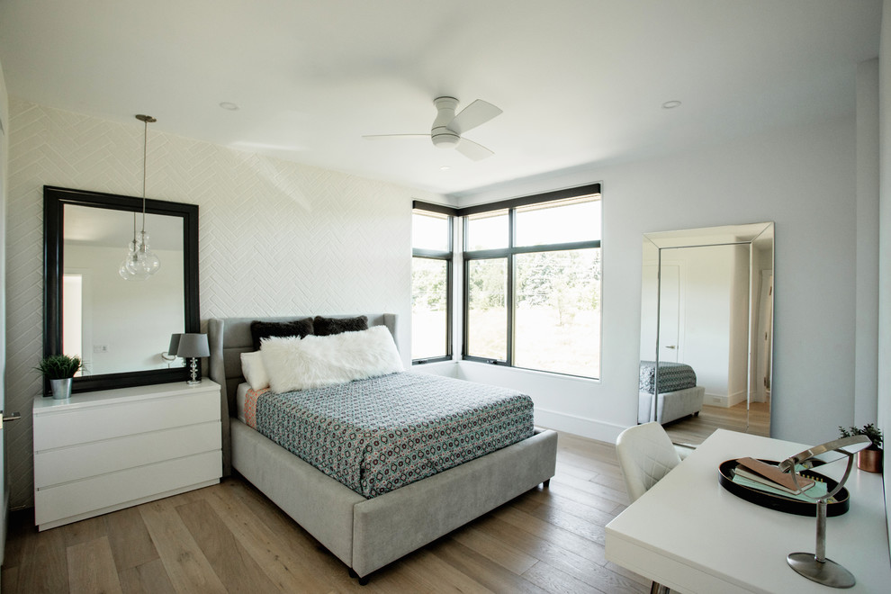Immagine di una grande camera degli ospiti minimal con pareti bianche, pavimento in legno massello medio e pavimento grigio