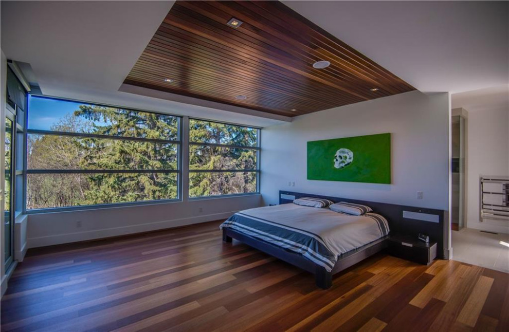 Mittelgroßes Modernes Hauptschlafzimmer ohne Kamin mit weißer Wandfarbe, braunem Holzboden, braunem Boden und eingelassener Decke in Calgary
