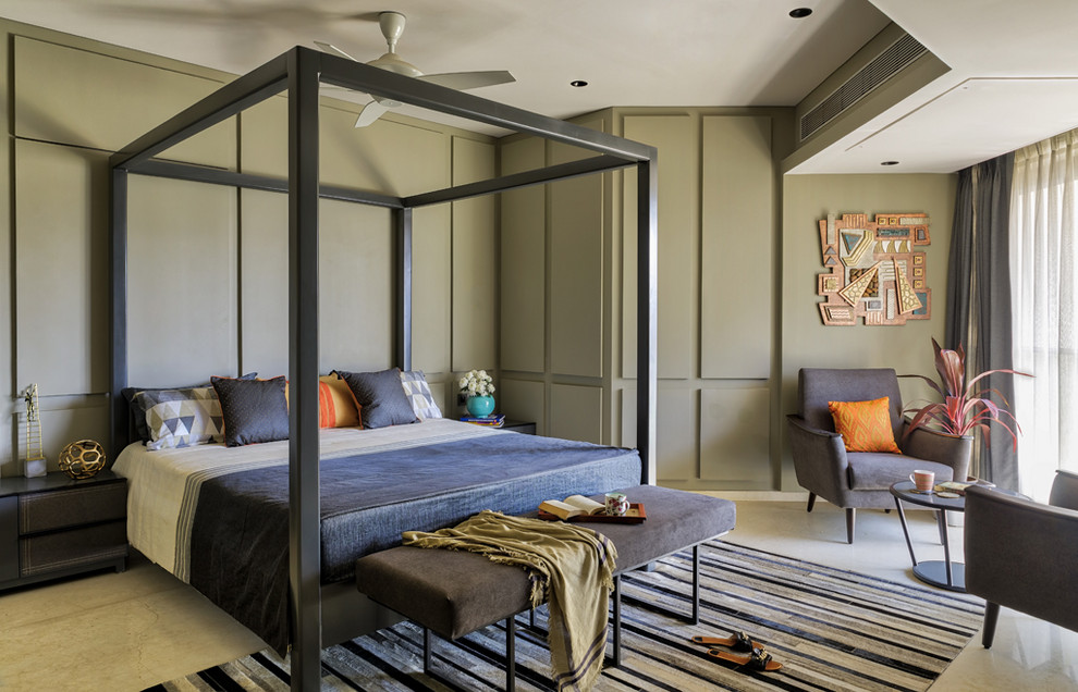 Imagen de dormitorio contemporáneo con paredes verdes y suelo beige