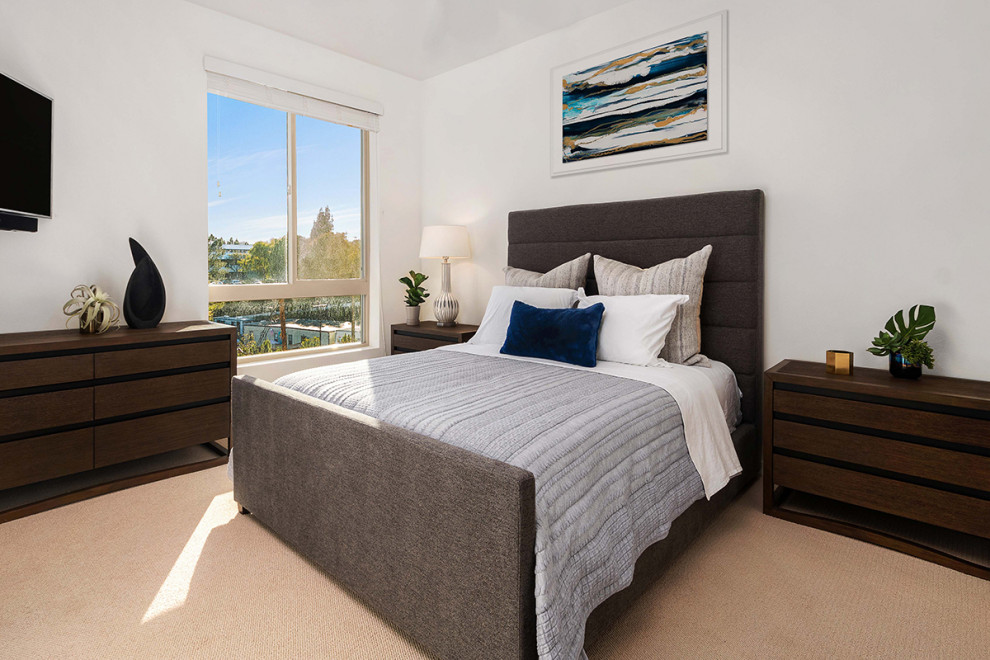 Kleines Modernes Hauptschlafzimmer mit weißer Wandfarbe, Teppichboden und beigem Boden in San Diego