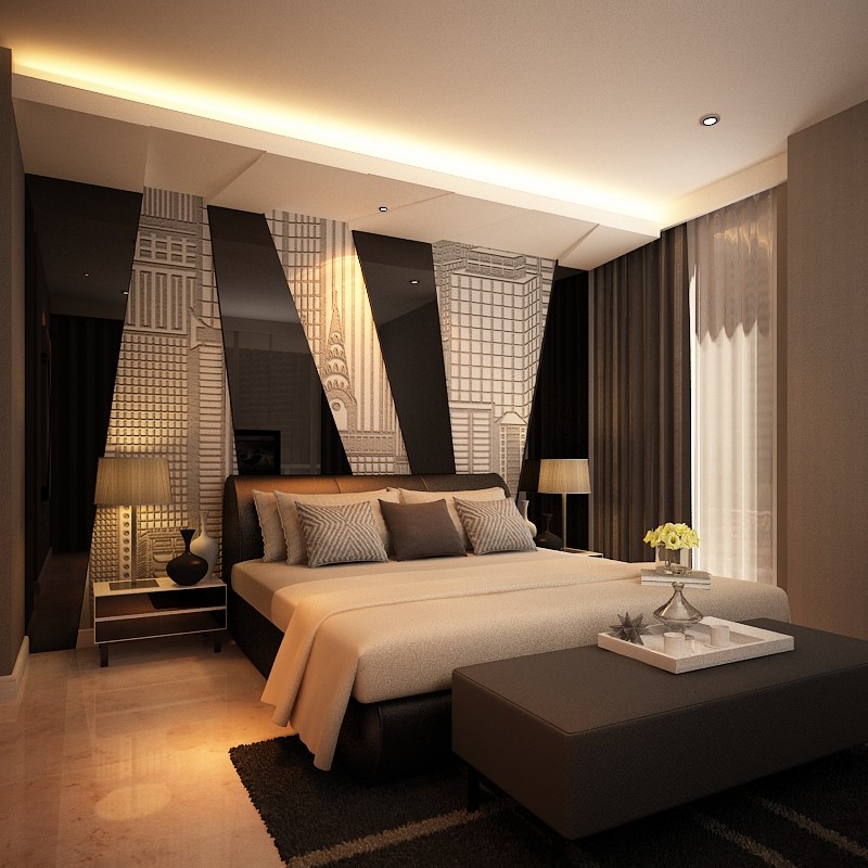 Esempio di una camera da letto contemporanea con pareti marroni e pavimento in marmo