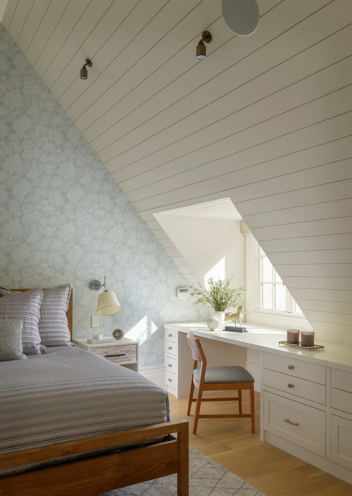 Bedroom - transitional guest light wood floor bedroom idea in San Francisco with blue walls