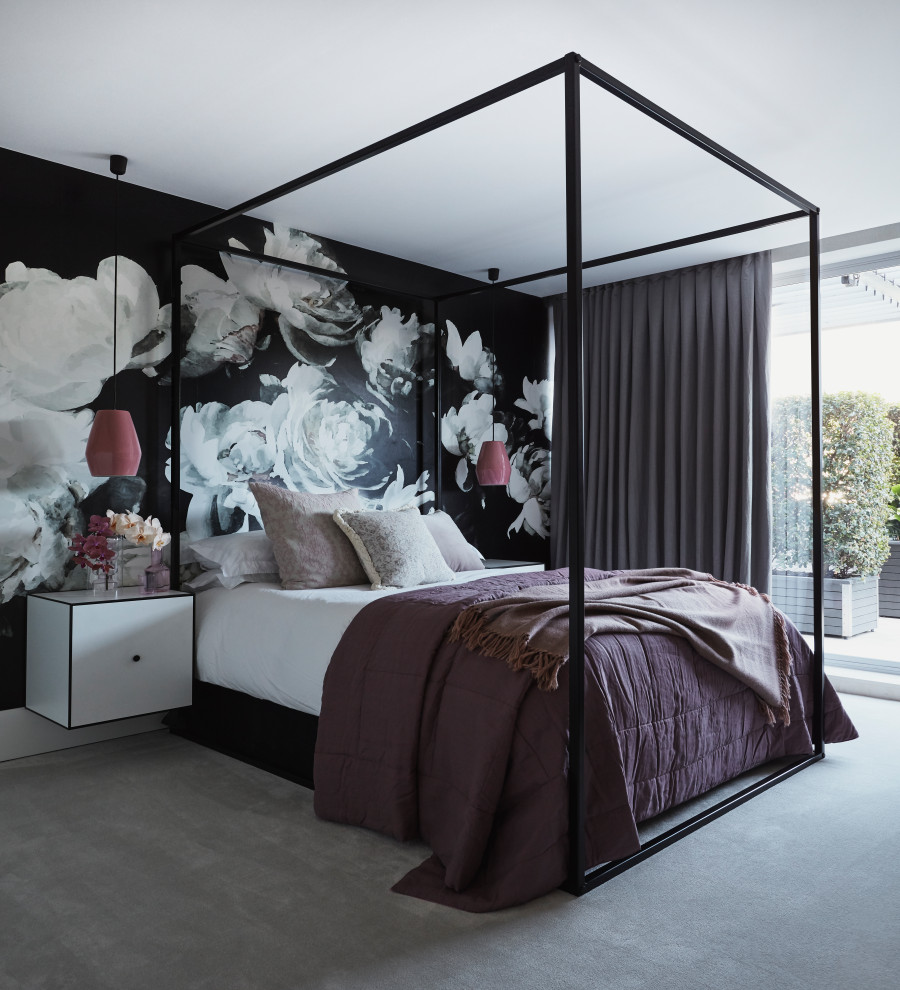 Imagen de dormitorio contemporáneo con moqueta y suelo blanco