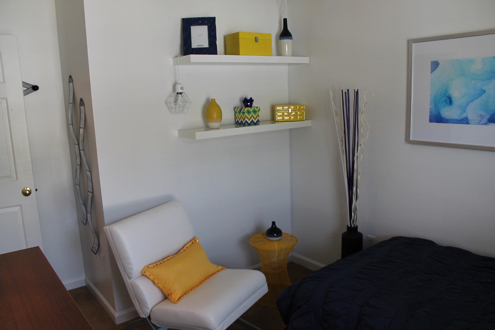 Пример оригинального дизайна: маленькая спальня в современном стиле с белыми стенами для на участке и в саду