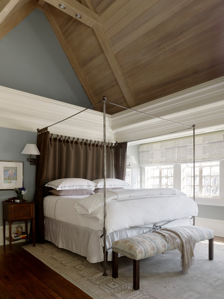 Huge transitional master dark wood floor bedroom photo in San Francisco with blue walls