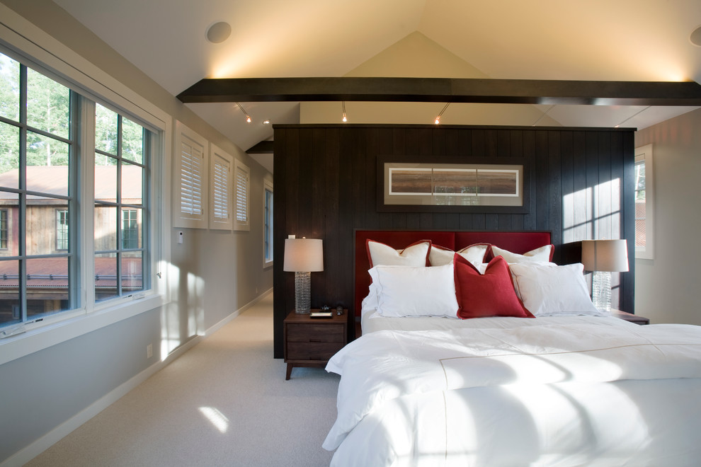 Inspiration for a large contemporary master carpeted bedroom remodel in Denver with gray walls and no fireplace