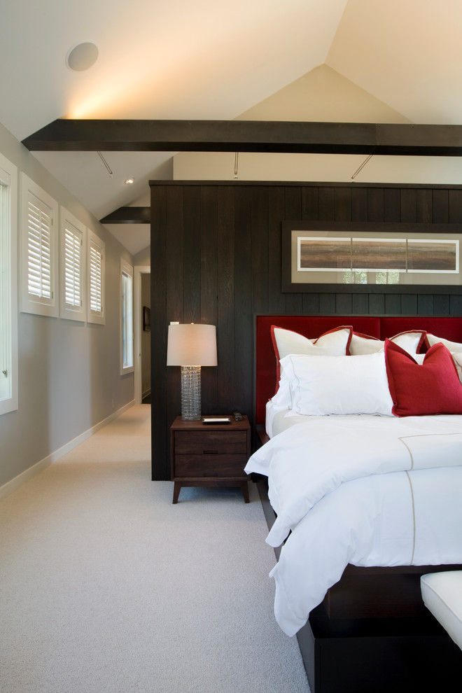 Inspiration for a large contemporary master carpeted bedroom remodel in Denver with gray walls and no fireplace