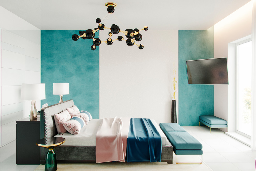 Idéer för ett mellanstort modernt gästrum, med blå väggar, klinkergolv i keramik och vitt golv