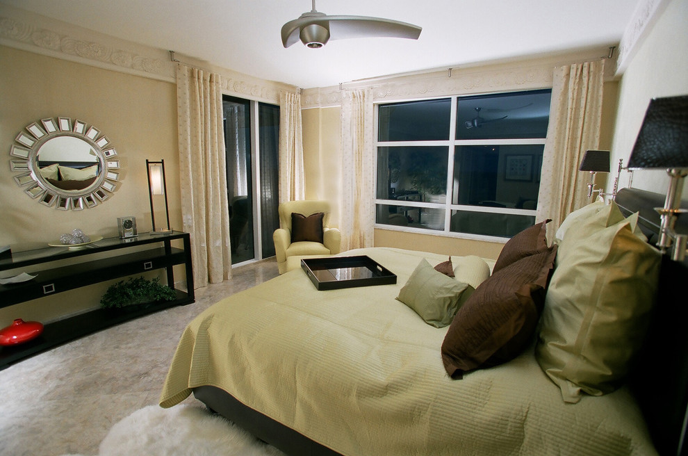 Large trendy master porcelain tile and gray floor bedroom photo in Atlanta with beige walls and no fireplace