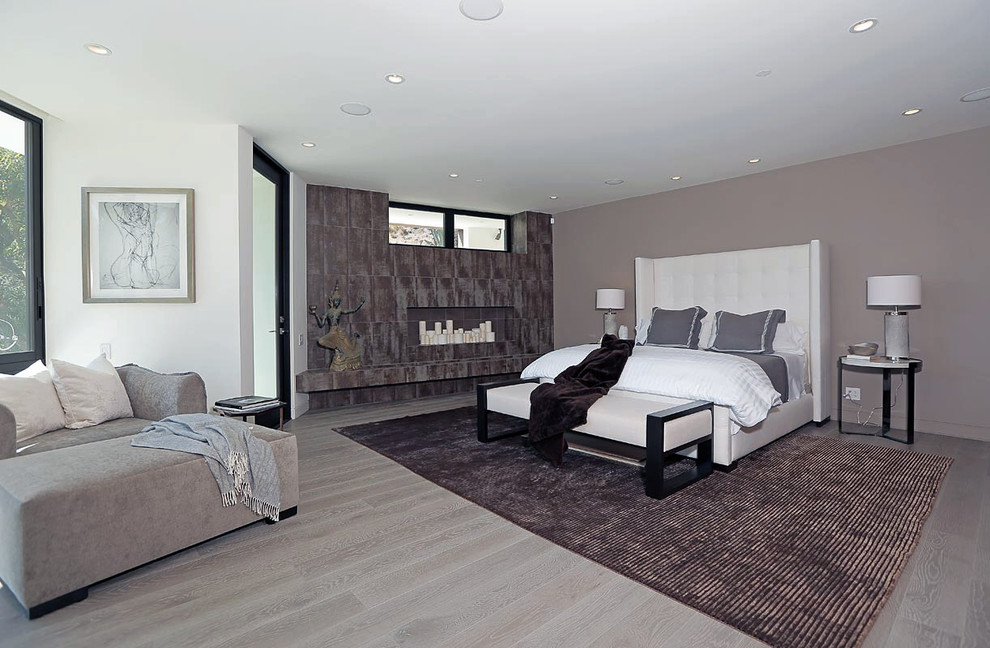 Foto de dormitorio principal contemporáneo grande con paredes grises y suelo de madera clara