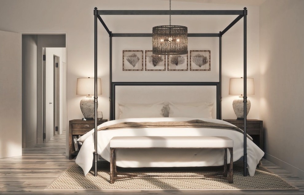 Medium sized contemporary master bedroom in Toronto with white walls, medium hardwood flooring and brown floors.