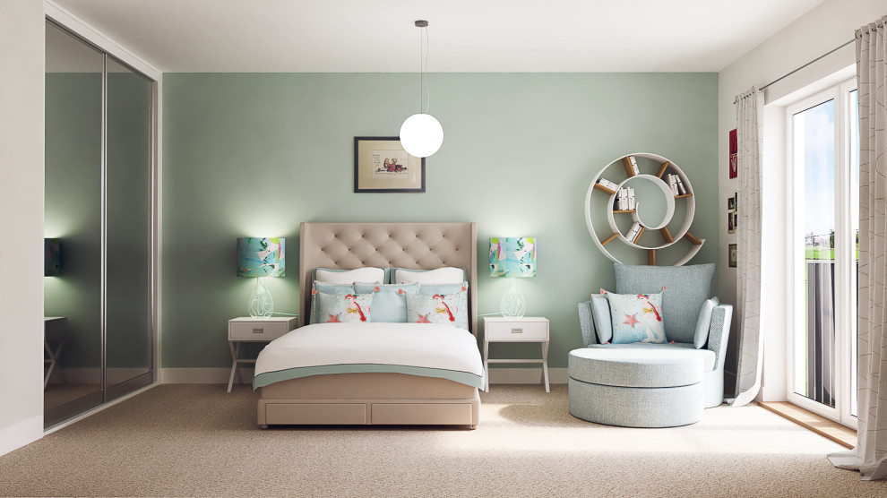 Inspiration for a medium sized contemporary bedroom in Cambridgeshire with blue walls.