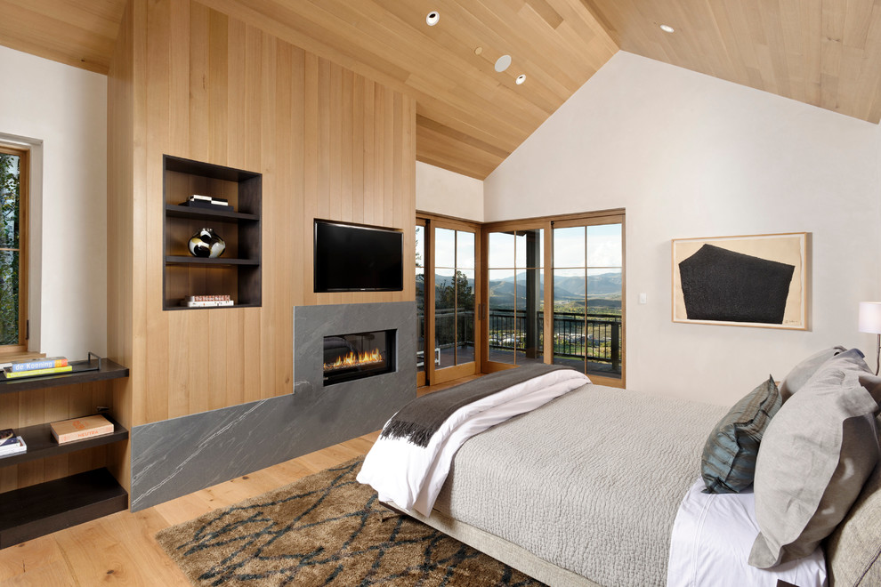 Imagen de dormitorio actual con paredes blancas, suelo de madera clara y todas las chimeneas