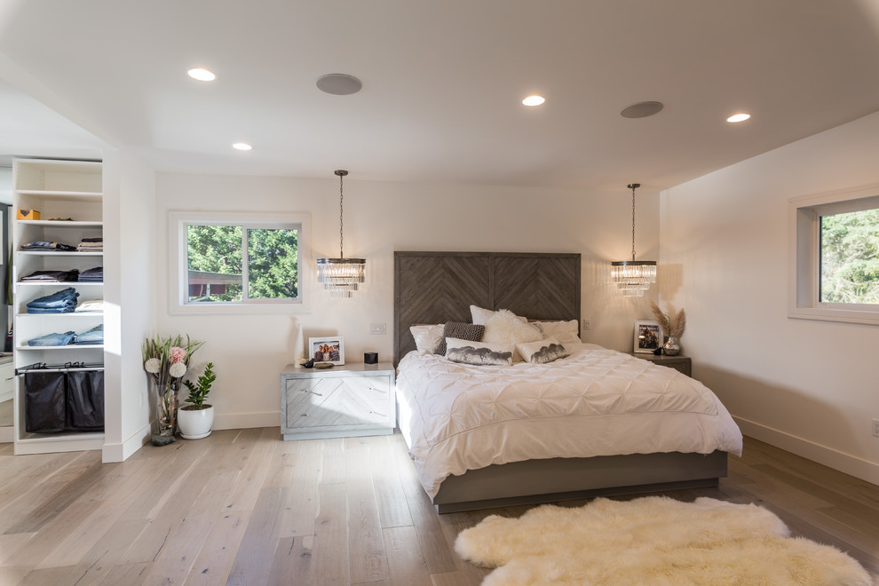 Example of a large trendy master light wood floor and gray floor bedroom design in Other with white walls