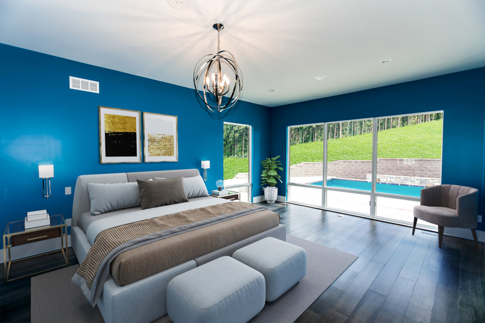 Immagine di una grande camera matrimoniale moderna con pareti blu, parquet scuro e pavimento marrone
