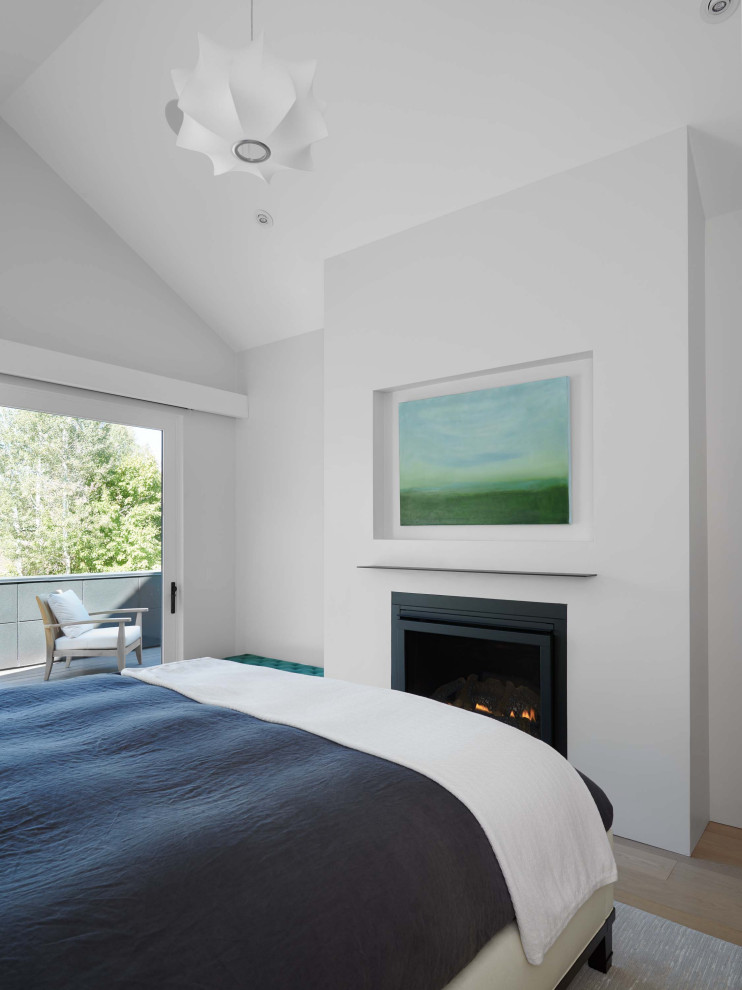 Réalisation d'une chambre parentale minimaliste de taille moyenne avec un mur blanc, parquet clair, une cheminée standard, un manteau de cheminée en plâtre et un sol marron.