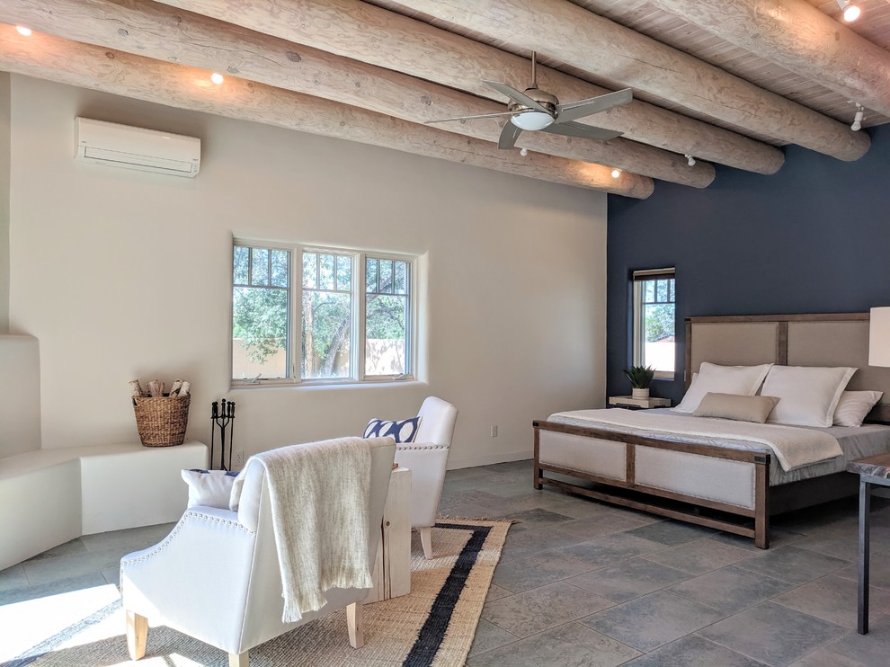 他の地域にある中くらいなサンタフェスタイルのおしゃれな主寝室 (白い壁、無垢フローリング、標準型暖炉、漆喰の暖炉まわり、茶色い床)