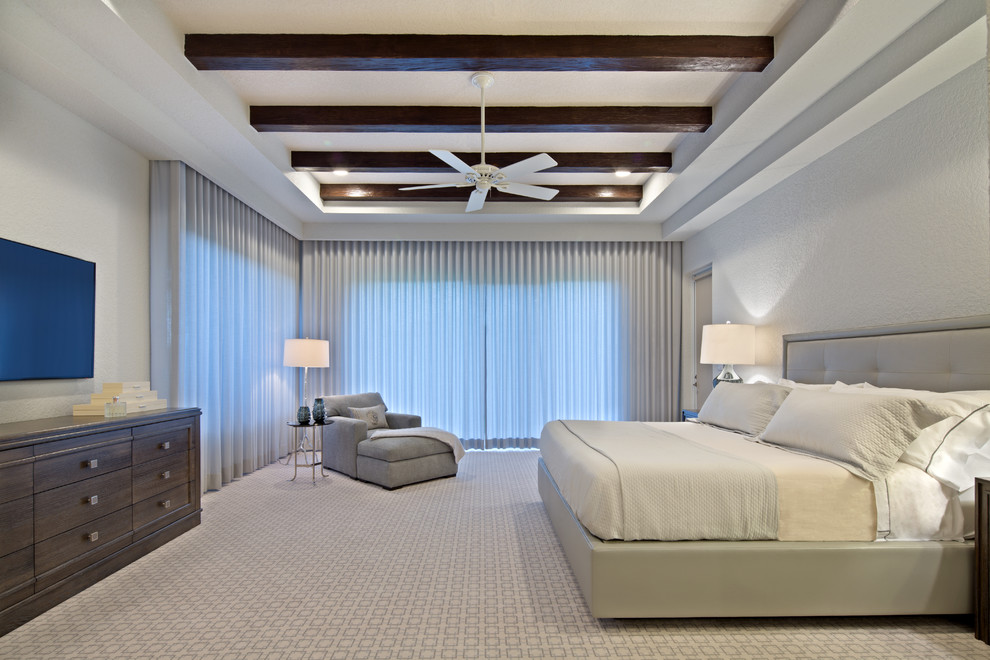 Bedroom - large transitional master carpeted bedroom idea in Miami with gray walls