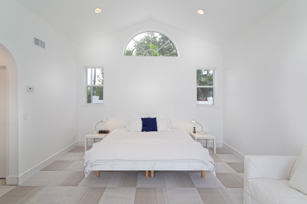 Example of a large minimalist master carpeted bedroom design in Miami with white walls and no fireplace