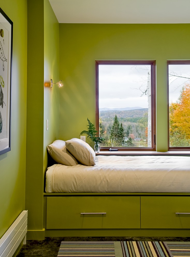 Свежая идея для дизайна: спальня в современном стиле с зелеными стенами и кроватью в нише - отличное фото интерьера