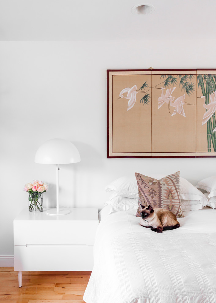 ボストンにあるトランジショナルスタイルのおしゃれな寝室 (白い壁、無垢フローリング、茶色い床)