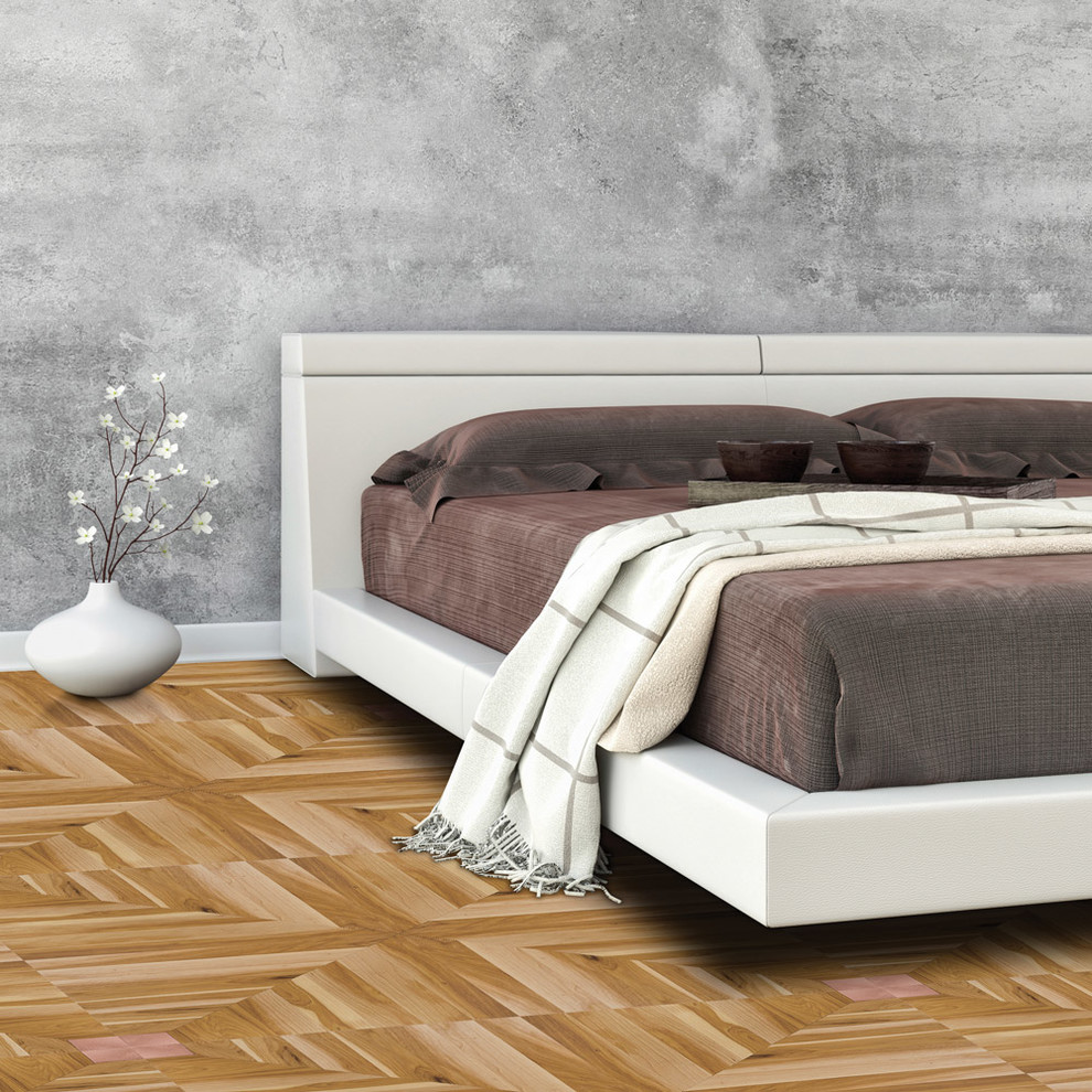 Inspiration for a contemporary medium tone wood floor bedroom remodel in Other with gray walls