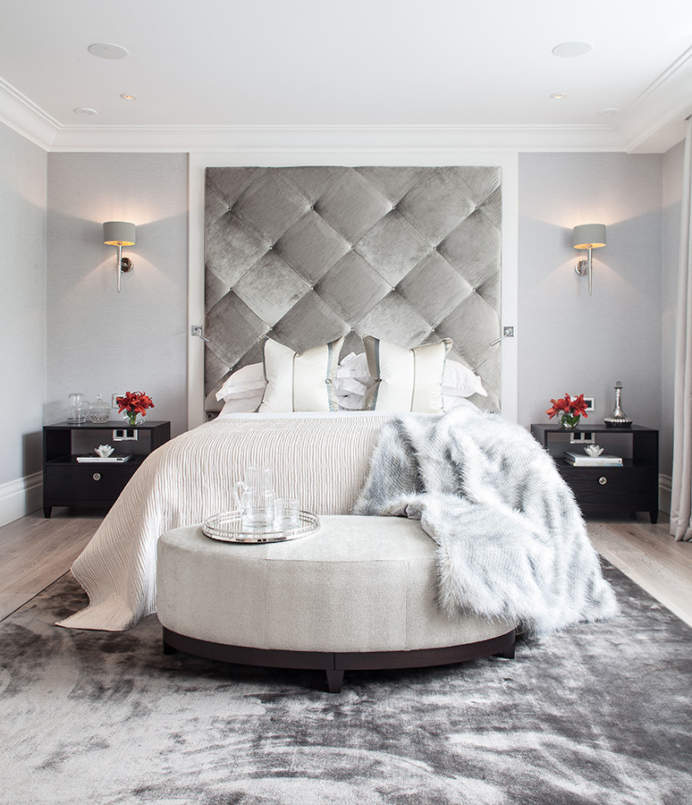 Design ideas for a classic grey and silver bedroom in London.