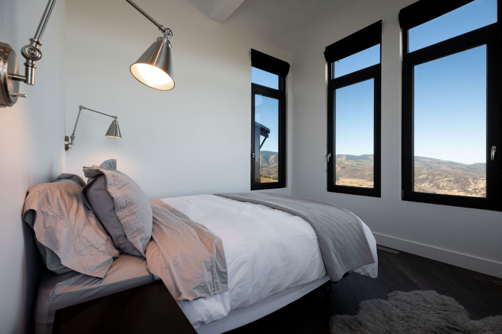 デンバーにある広い北欧スタイルのおしゃれな客用寝室 (白い壁、濃色無垢フローリング、黒い床、白い天井) のインテリア