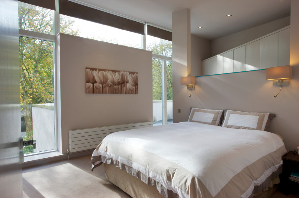 Источник вдохновения для домашнего уюта: спальня среднего размера в современном стиле с бежевыми стенами, ковровым покрытием и бежевым полом