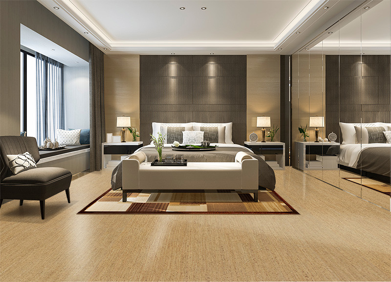Immagine di una camera da letto moderna con pavimento in sughero