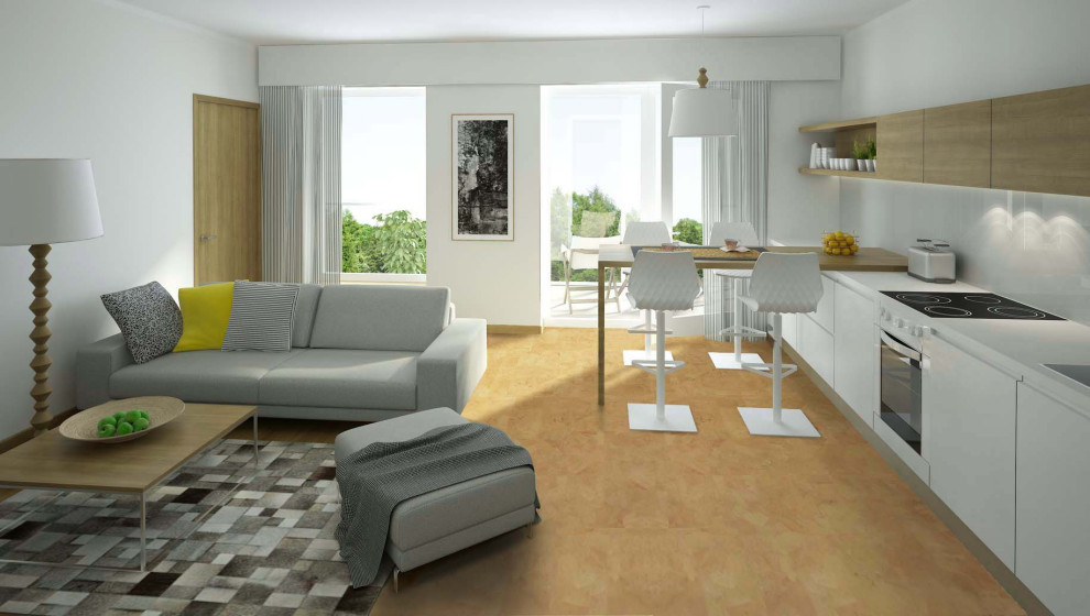 Großes Modernes Hauptschlafzimmer mit brauner Wandfarbe, Korkboden und braunem Boden