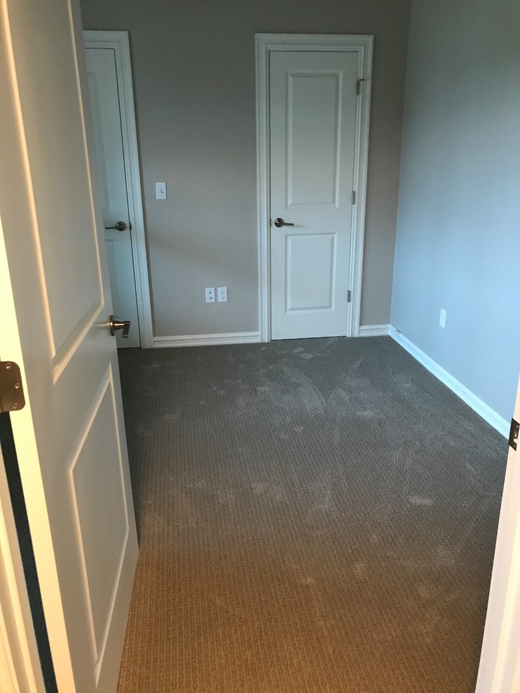 オクラホマシティにある小さなトランジショナルスタイルのおしゃれな客用寝室 (グレーの壁、カーペット敷き、ベージュの床)