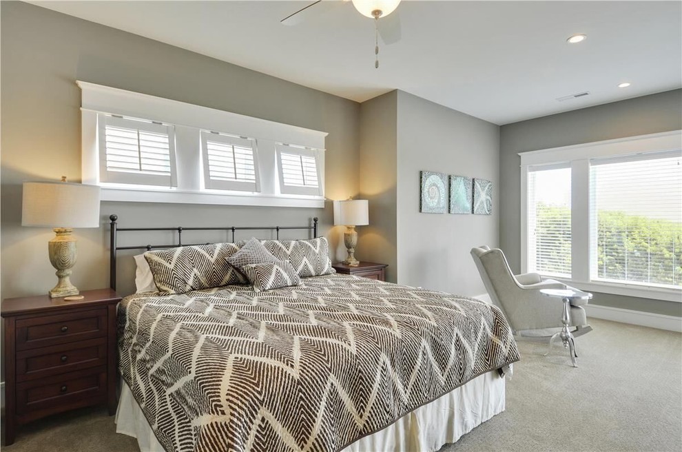 Mid-sized beach style guest carpeted bedroom photo in Other with gray walls and no fireplace