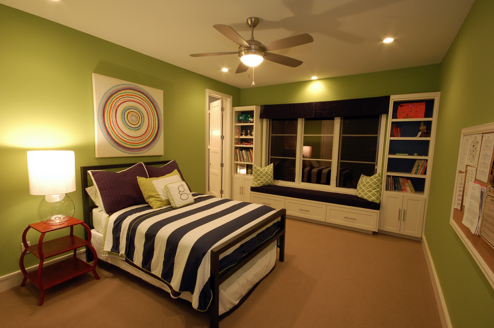 Example of a trendy bedroom design in Austin with green walls