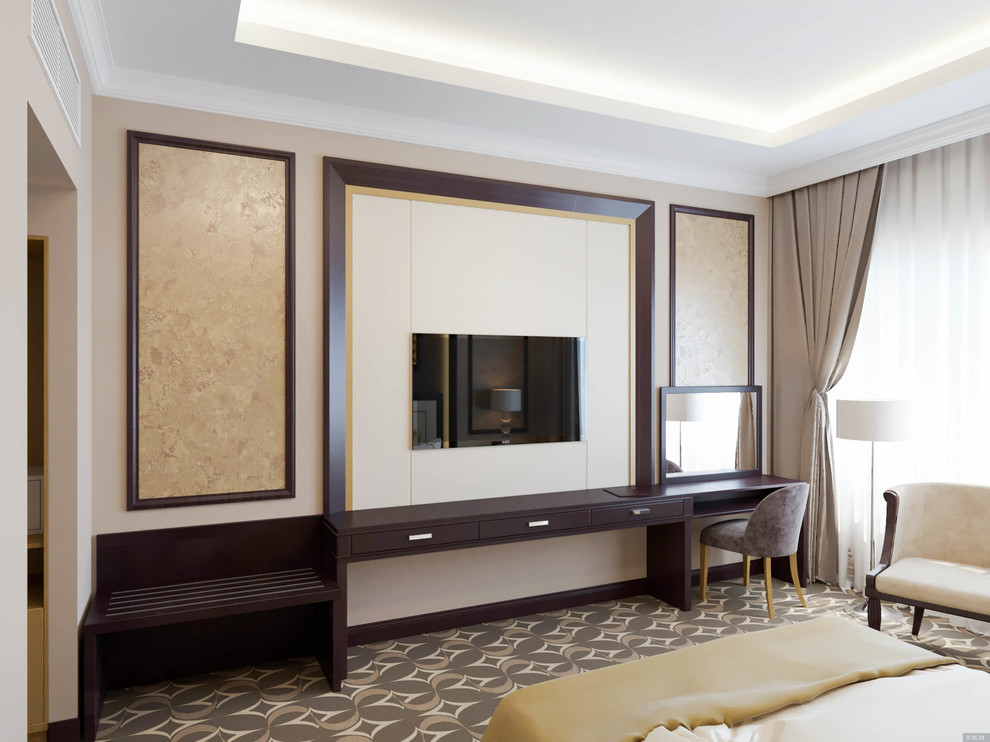 Пример оригинального дизайна: гостевая спальня среднего размера, (комната для гостей) в стиле модернизм с бежевыми стенами, ковровым покрытием, стандартным камином, фасадом камина из бетона и коричневым полом