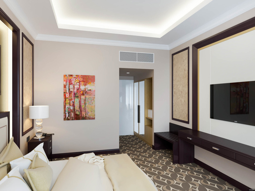 Cette image montre une chambre minimaliste de taille moyenne avec un mur beige, une cheminée standard, un manteau de cheminée en béton et un sol marron.
