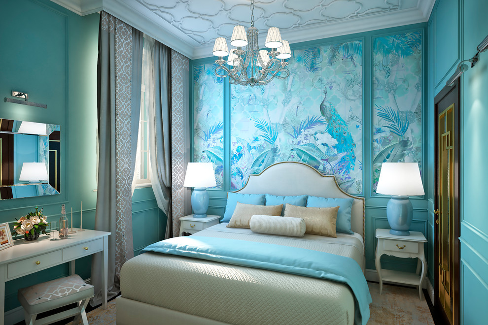 ニースにある小さなトランジショナルスタイルのおしゃれな主寝室 (青い壁、ラミネートの床、茶色い床) のインテリア