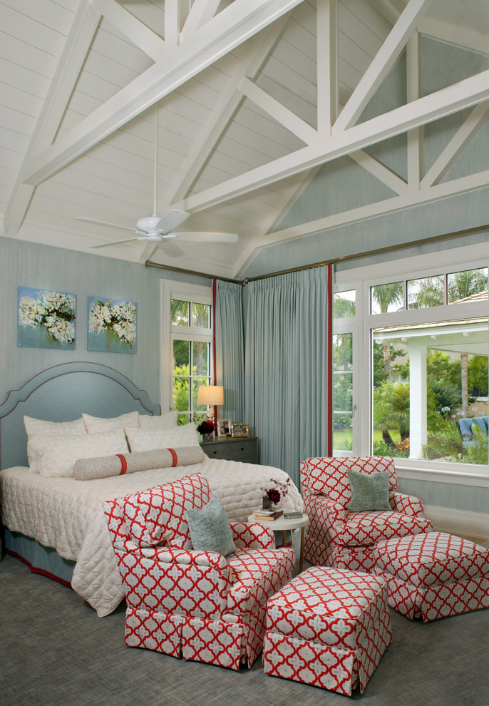 Design ideas for a coastal bedroom in Jacksonville with blue walls, carpet, grey floors and feature lighting.