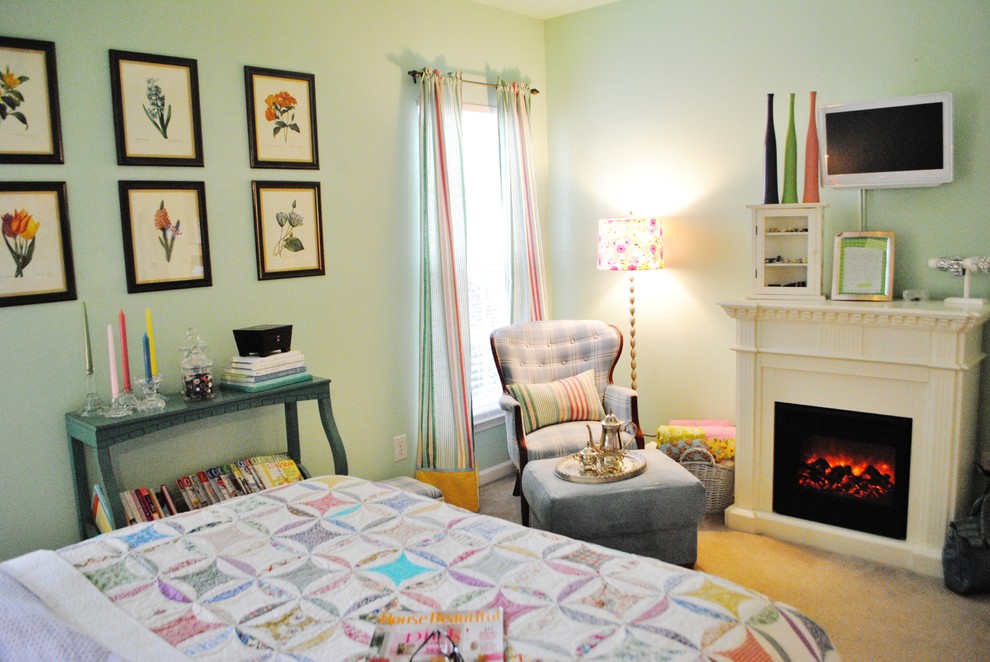 Bedroom - eclectic bedroom idea in Charlotte with a standard fireplace