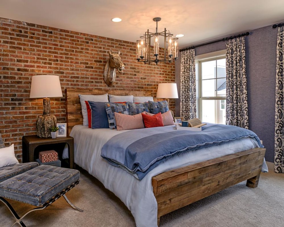 Стильный дизайн: хозяйская спальня среднего размера в стиле фьюжн с серыми стенами и ковровым покрытием без камина - последний тренд