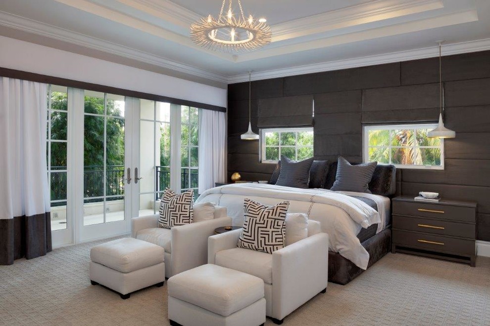 Inspiration for a medium sized contemporary master bedroom in Miami with white walls, carpet and no fireplace.