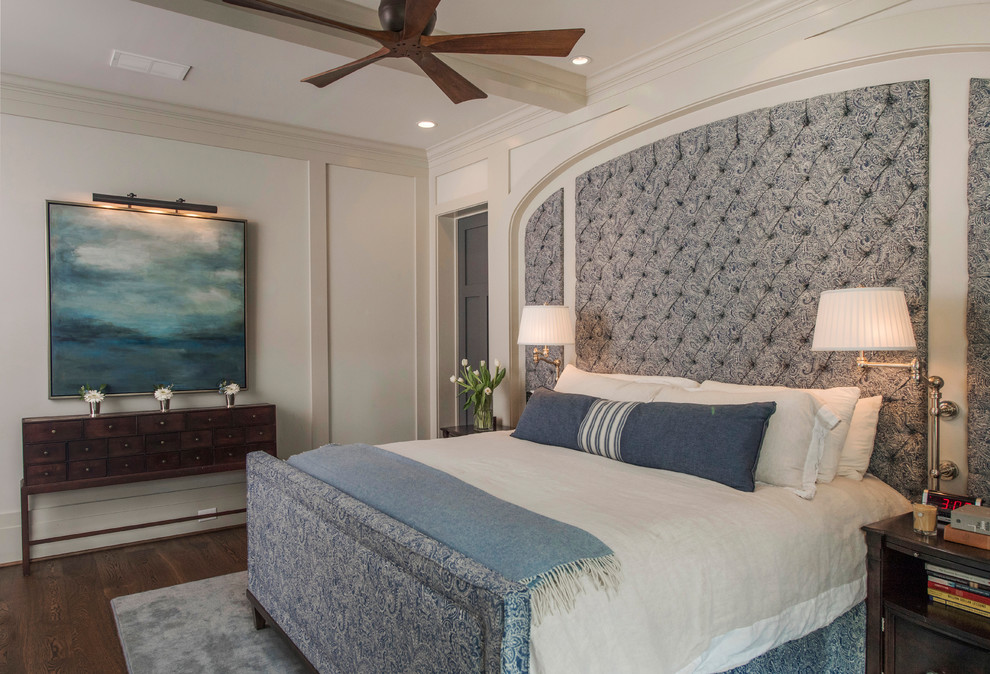Example of a large transitional master dark wood floor and brown floor bedroom design in Atlanta with white walls and no fireplace