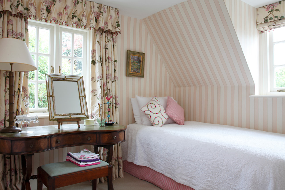 Example of a farmhouse guest bedroom design in Hampshire with multicolored walls