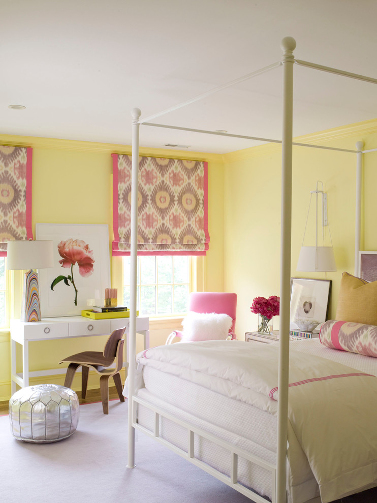 Mid-sized trendy guest carpeted and purple floor bedroom photo in Dallas with yellow walls