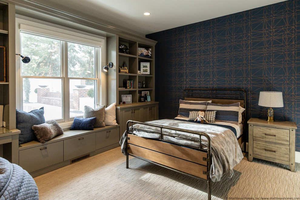 Inspiration for a large traditional guest bedroom in Salt Lake City with blue walls, carpet, beige floors and wallpapered walls.
