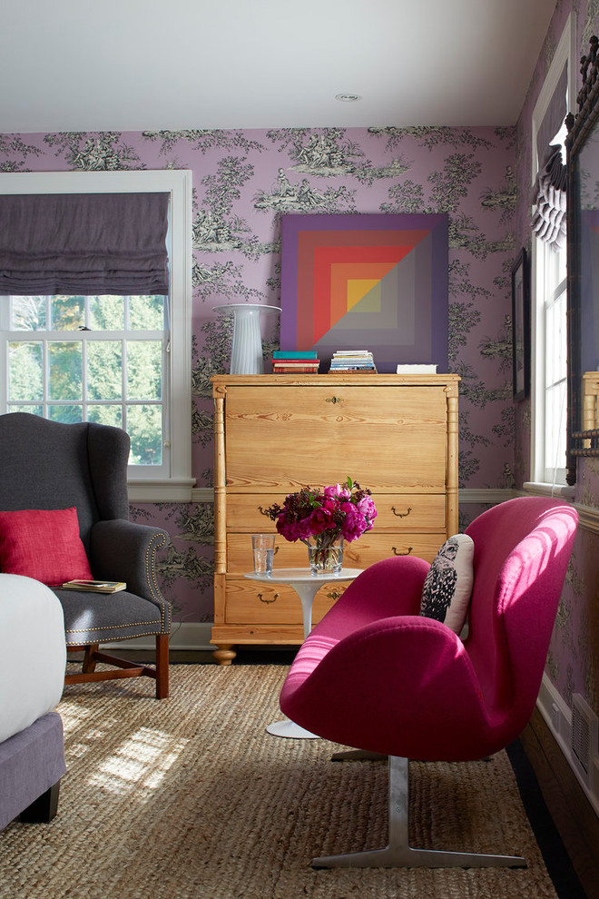Inspiration for a bohemian master and grey and pink bedroom in New York with purple walls.