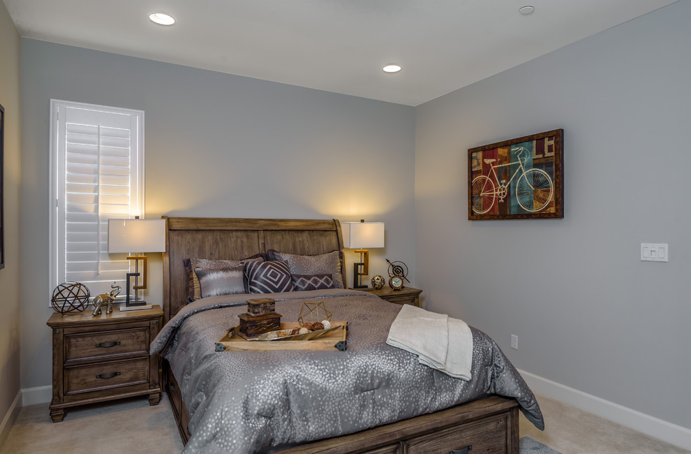 Diseño de habitación de invitados contemporánea de tamaño medio sin chimenea con paredes grises, moqueta y suelo beige