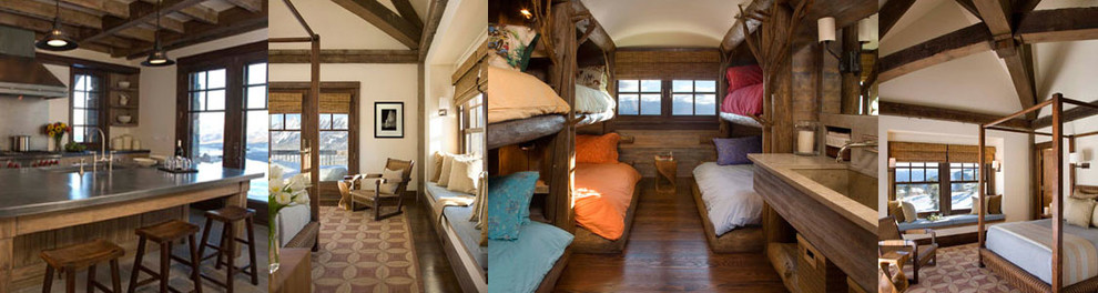 Foto de dormitorio principal rural extra grande sin chimenea con paredes beige y suelo de madera oscura