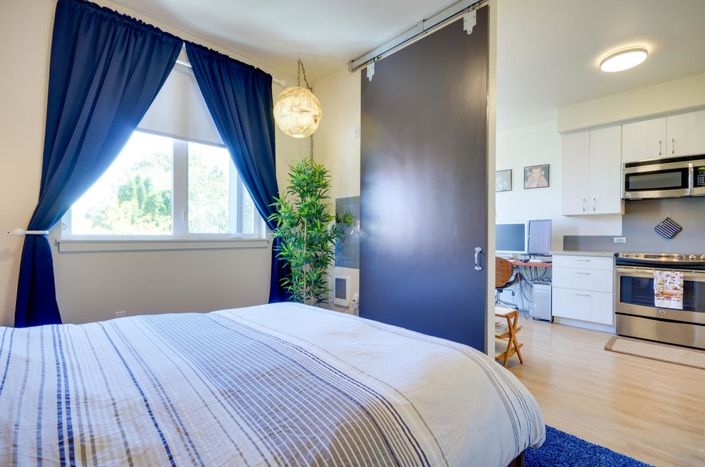 Immagine di una piccola camera da letto moderna con pareti bianche